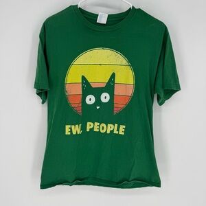 Green Graphic Tee with Cat Design